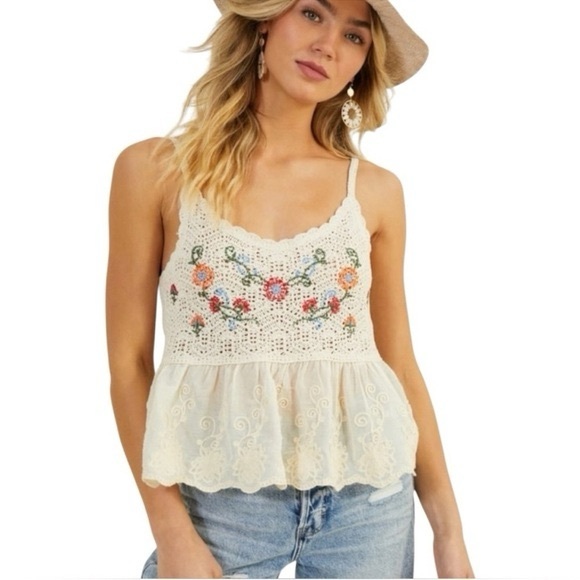 Altar'd State Tops - ALTAR'D STATE AVERY EMBROIDERED CROCHETED PEPLUM TANK TOP